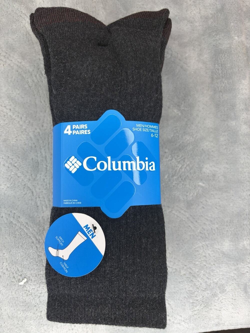 Columbia Mens Half Cushion Crew Socks 4 Pack Dark Gray Charcoal Size 6-12 NWT